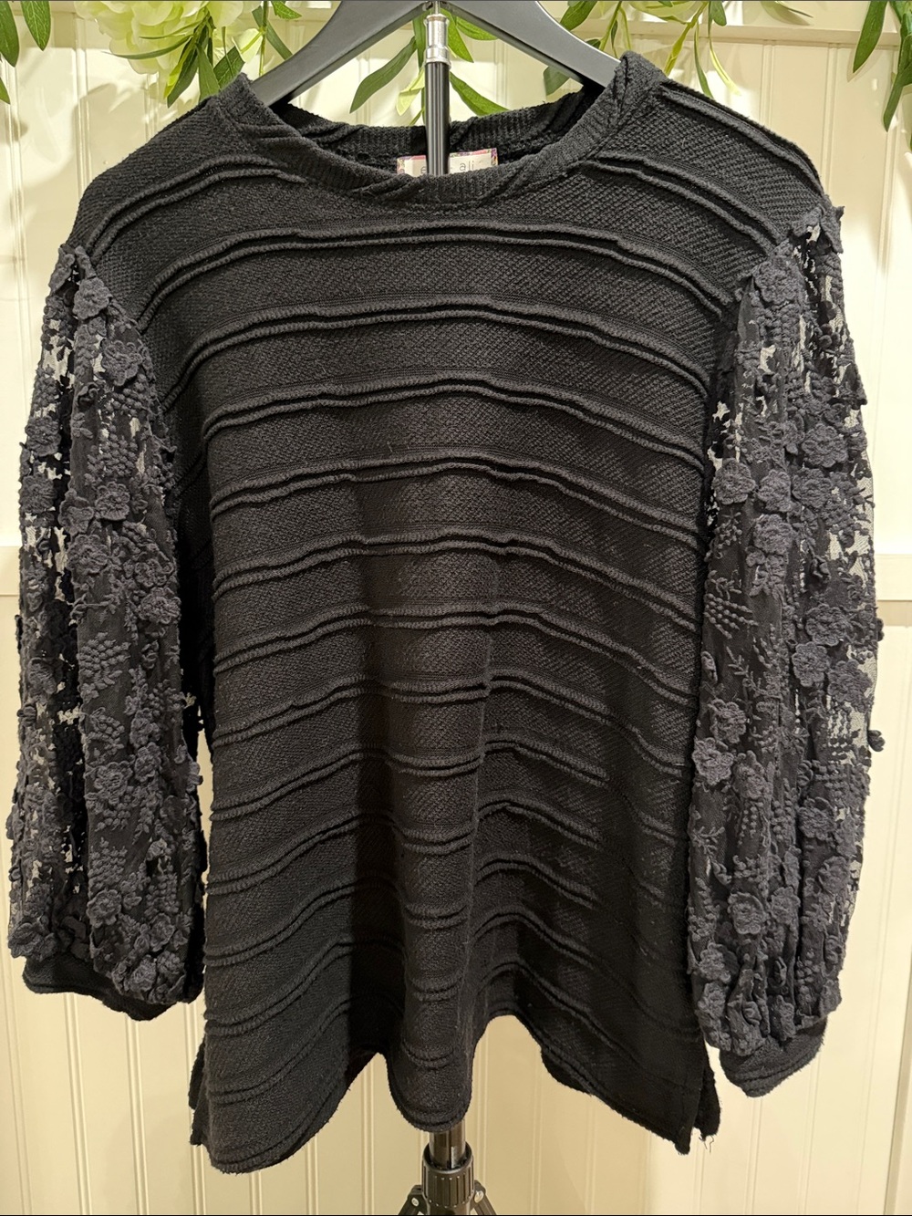 #1023 ERI + ALI Black Ribbed Crewneck Sweater with Pretty Floral Lace Sleeves
